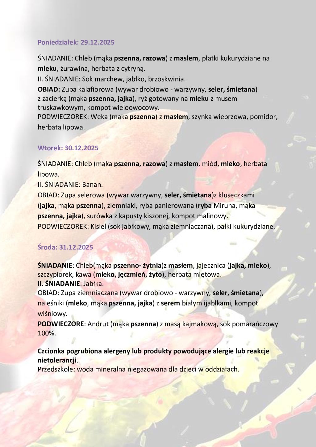 Jadłospis od poniedziałku do piątku